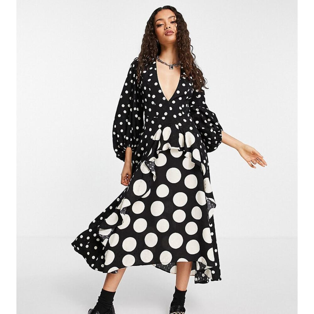 NWT Topshop Avant Garde Dress Polka Dot Plunging Maxi Mixed Dot Graphic Women 8